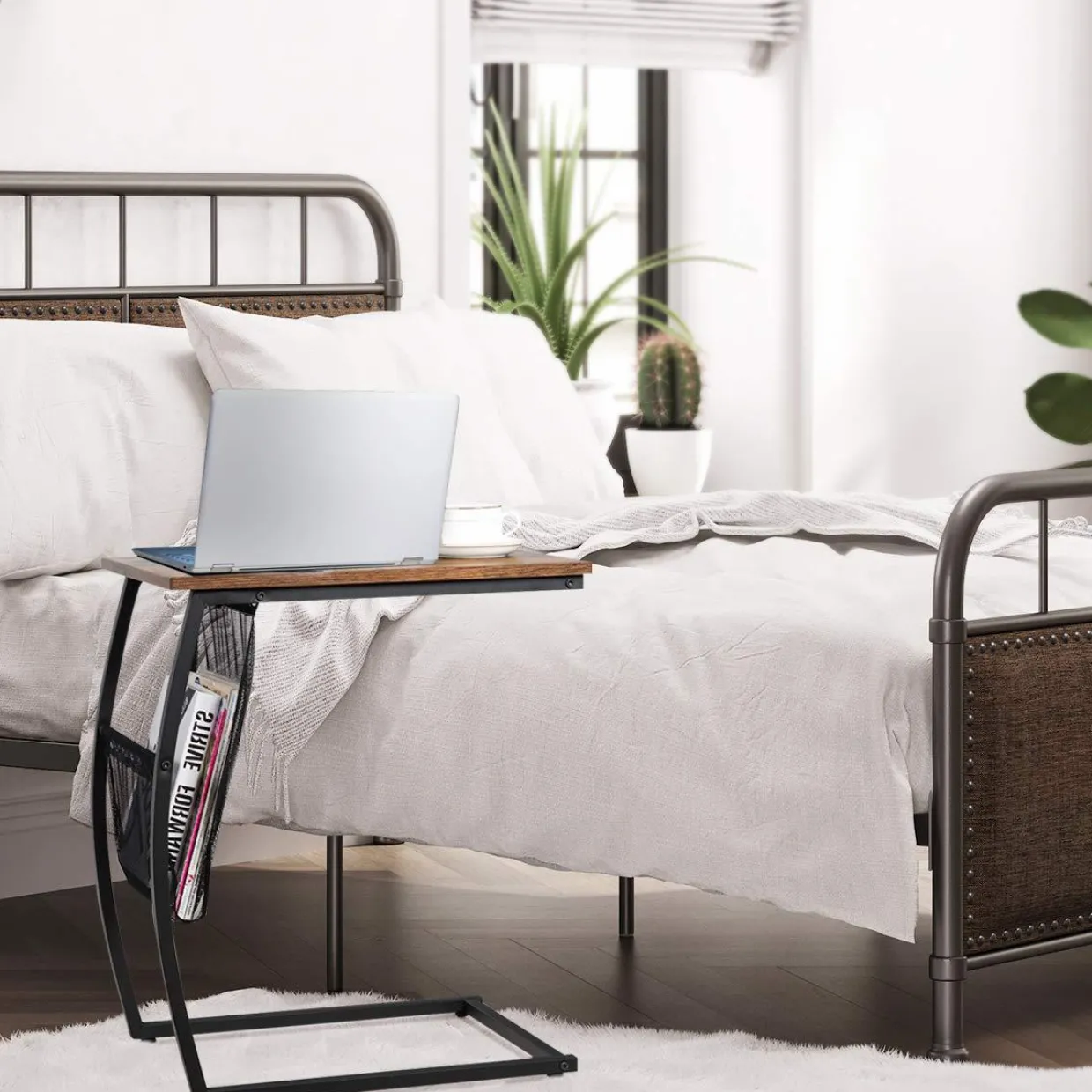 Tangkula Sofa Side End Table, C Table Snack Table with Side Pocket & Metal Frame, Over Bed Table Industrial Side Table for Sofa Couch Bed