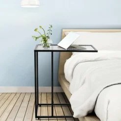 TANGKULA Sofa Side End Table, C Shaped Table Snack Table with Glass Top & Steel Frame