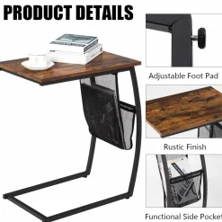 Tangkula Sofa Side End Table, C Table Snack Table with Side Pocket & Metal Frame, Over Bed Table Industrial Side Table for Sofa Couch Bed
