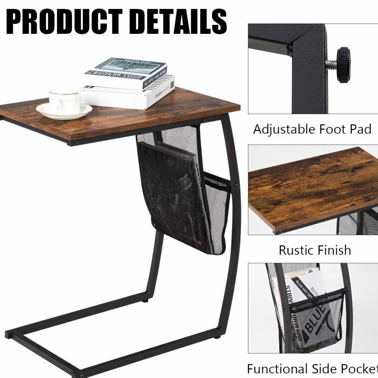 Tangkula Sofa Side End Table, C Table Snack Table with Side Pocket & Metal Frame, Over Bed Table Industrial Side Table for Sofa Couch Bed