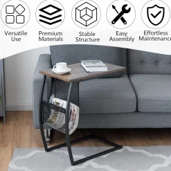 Tangkula Sofa Side End Table, C Table Snack Table with Side Pocket & Metal Frame, Over Bed Table Industrial Side Table for Sofa Couch Bed
