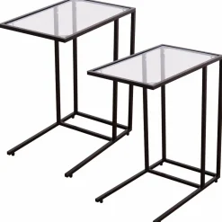 TANGKULA Sofa Side End Table, C Shaped Table Snack Table with Glass Top & Steel Frame