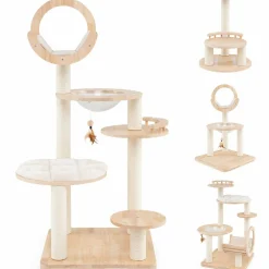 Tangkula Solid Wood Cat Tree, 4-in-1 Building Block Large Cat Tower with Space Capsule Nest, Sisal Scratching Posts