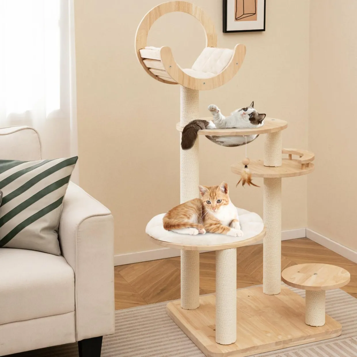Tangkula Solid Wood Cat Tree, 4-in-1 Building Block Large Cat Tower with Space Capsule Nest, Sisal Scratching Posts