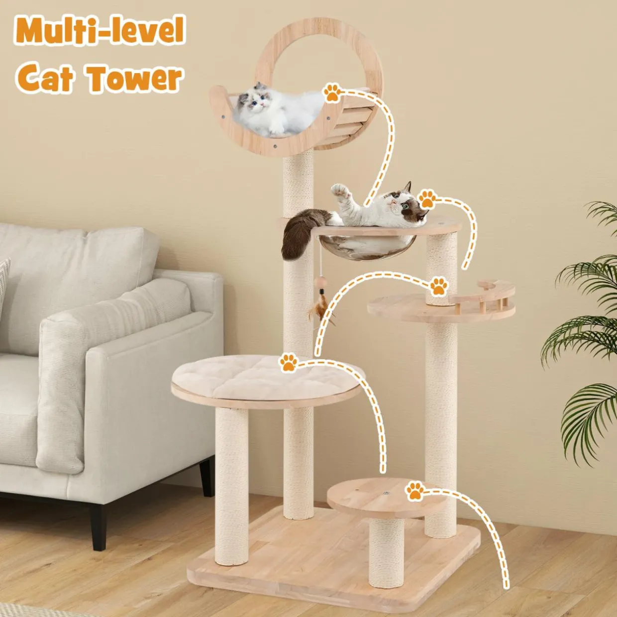 Tangkula Solid Wood Cat Tree, 4-in-1 Building Block Large Cat Tower with Space Capsule Nest, Sisal Scratching Posts