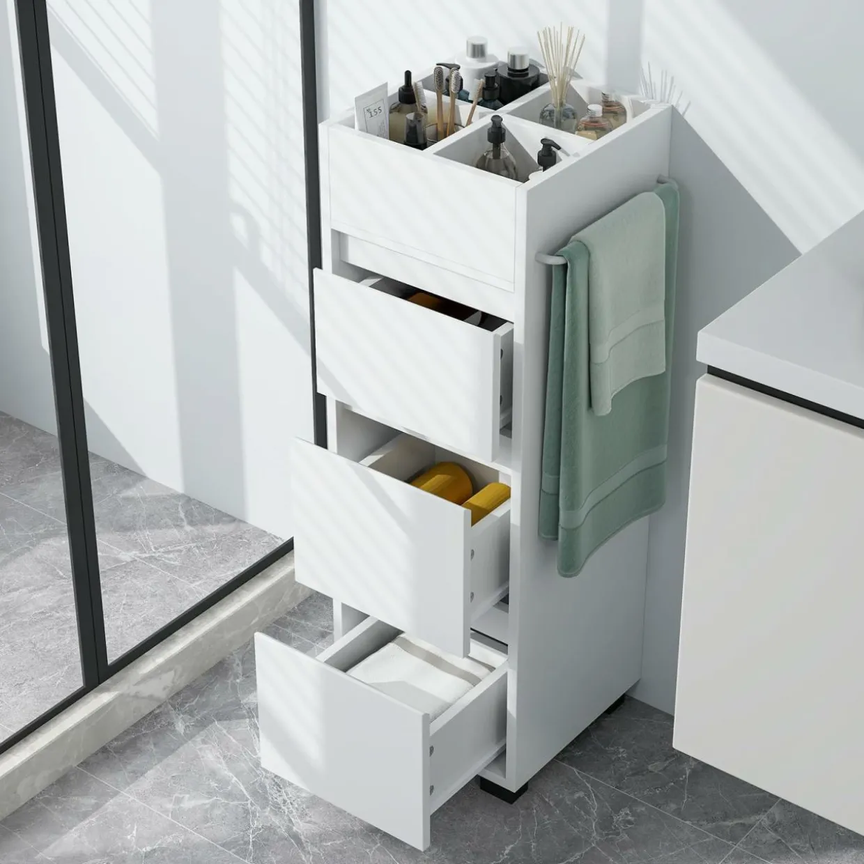 Tangkula Square Bathroom Floor Cabinet, Freestanding Storage Cabinet with 3 Drawerss, 12 x 12 x 35.5 Inch (White, 35.5" H)