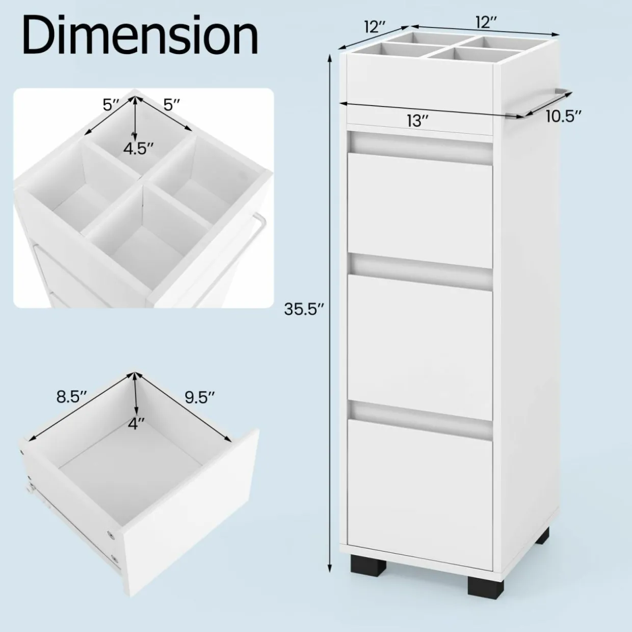 Tangkula Square Bathroom Floor Cabinet, Freestanding Storage Cabinet with 3 Drawerss, 12 x 12 x 35.5 Inch (White, 35.5" H)