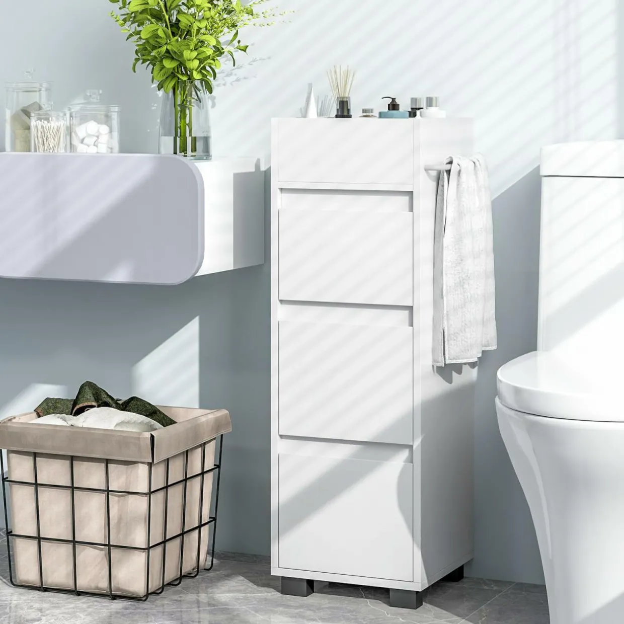 Tangkula Square Bathroom Floor Cabinet, Freestanding Storage Cabinet with 3 Drawerss, 12 x 12 x 35.5 Inch (White, 35.5" H)