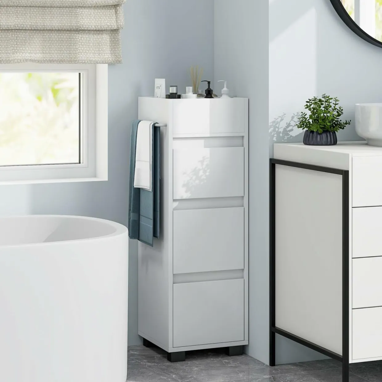 Tangkula Square Bathroom Floor Cabinet, Freestanding Storage Cabinet with 3 Drawerss, 12 x 12 x 35.5 Inch (White, 35.5" H)