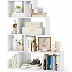 Tangkula S-Shaped Bookshelf, 5-Tier Modern Geometric Stepped Bookcase with Anti-Tipping Kits