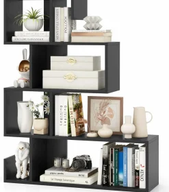 Tangkula S-Shaped Bookshelf, 5-Tier Modern Geometric Stepped Bookcase with Anti-Tipping Kits