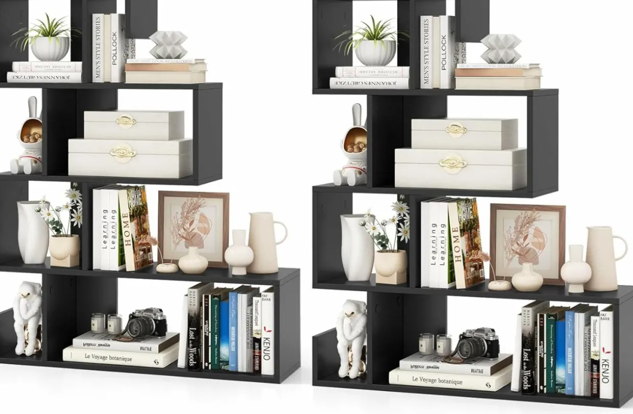 Tangkula S-Shaped Bookshelf, 5-Tier Modern Geometric Stepped Bookcase with Anti-Tipping Kits