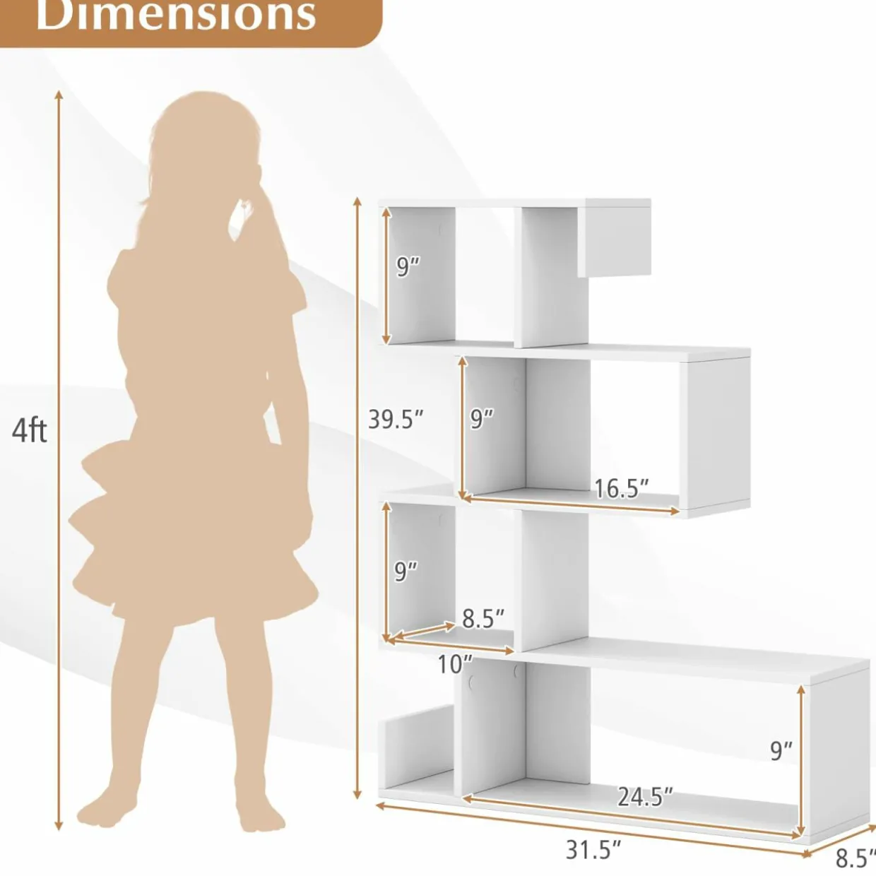 Tangkula S-Shaped Bookshelf, 5-Tier Modern Geometric Stepped Bookcase with Anti-Tipping Kits