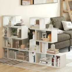 Tangkula S-Shaped Bookshelf, 5-Tier Modern Geometric Stepped Bookcase with Anti-Tipping Kits