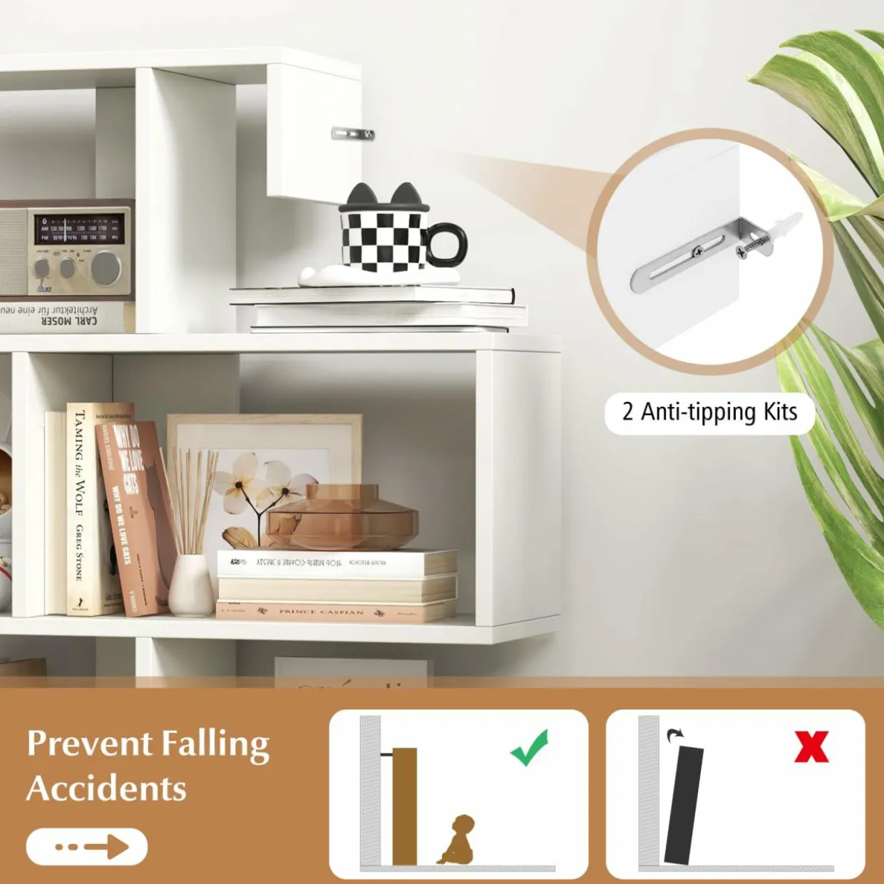 Tangkula S-Shaped Bookshelf, 5-Tier Modern Geometric Stepped Bookcase with Anti-Tipping Kits