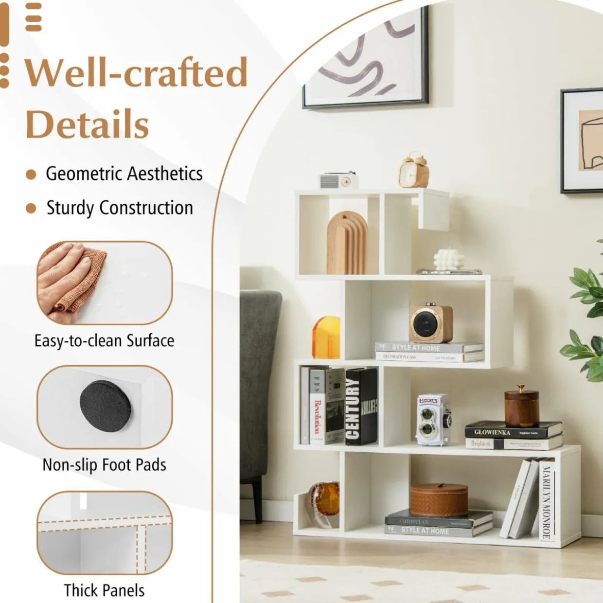 Tangkula S-Shaped Bookshelf, 5-Tier Modern Geometric Stepped Bookcase with Anti-Tipping Kits