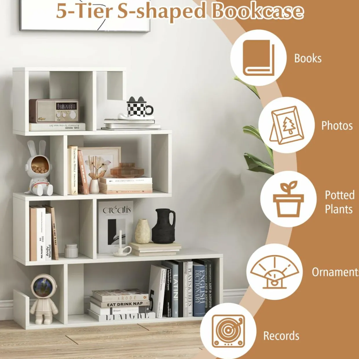 Tangkula S-Shaped Bookshelf, 5-Tier Modern Geometric Stepped Bookcase with Anti-Tipping Kits
