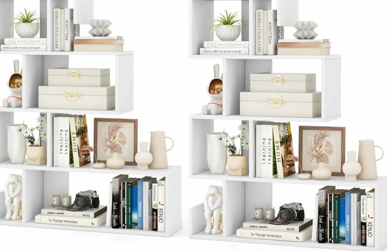 Tangkula S-Shaped Bookshelf, 5-Tier Modern Geometric Stepped Bookcase with Anti-Tipping Kits