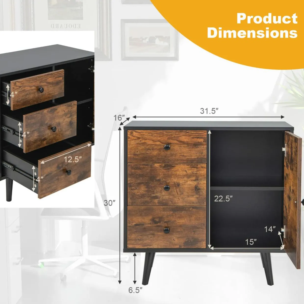 Tangkula Storage Cabinet with 3 Drawers and Door Cabinet