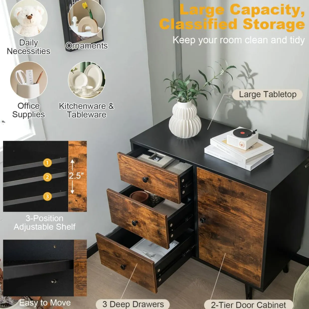 Tangkula Storage Cabinet with 3 Drawers and Door Cabinet