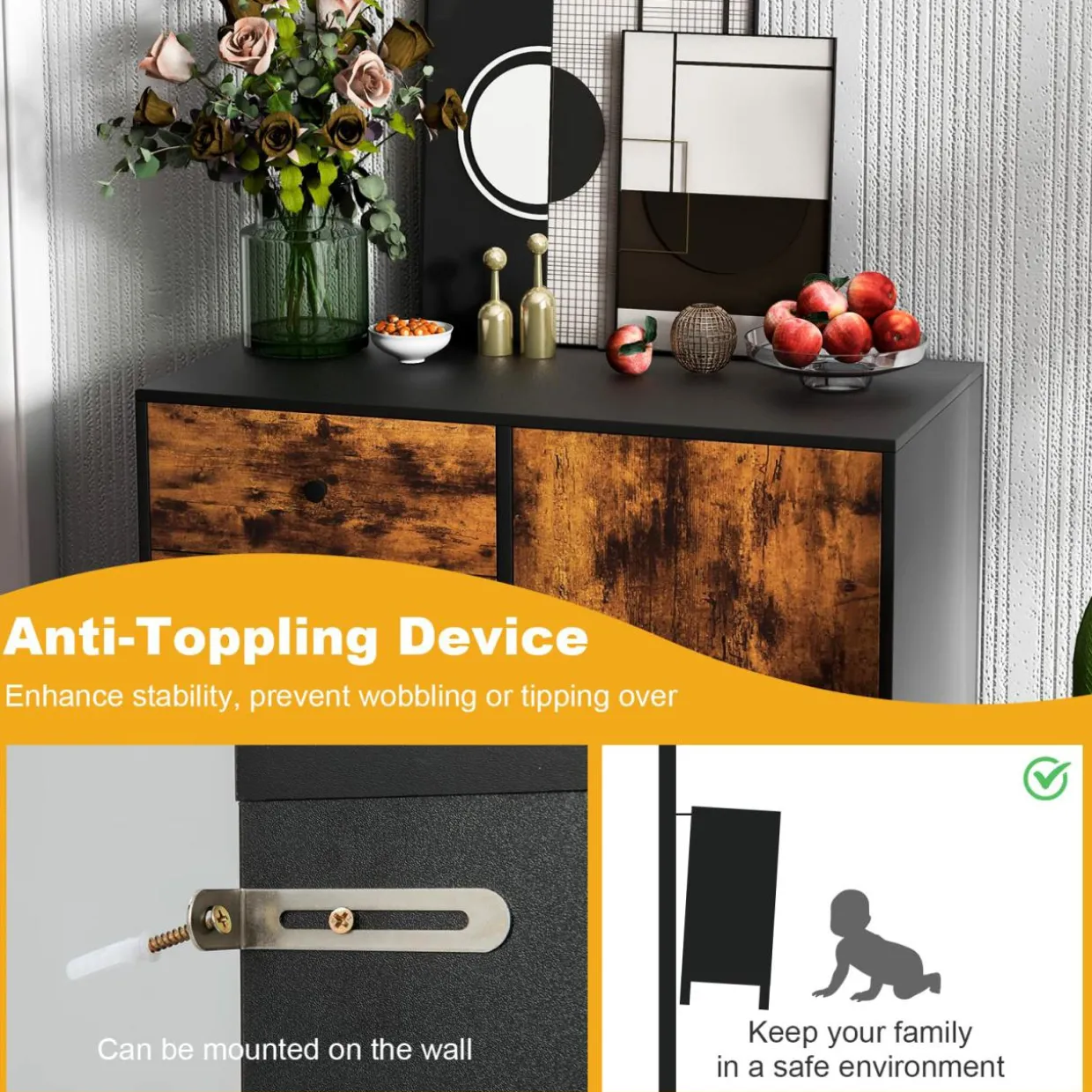 Tangkula Storage Cabinet with 3 Drawers and Door Cabinet