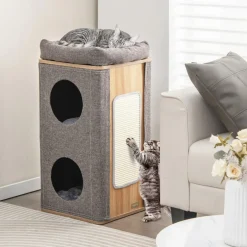 Tangkula 3-Story Cat Tree Condo, Wooden Cat House with Scratching Board