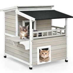 Tangkula 2-Story Outside Cat Shelter Condo Enclosure with Escape Door