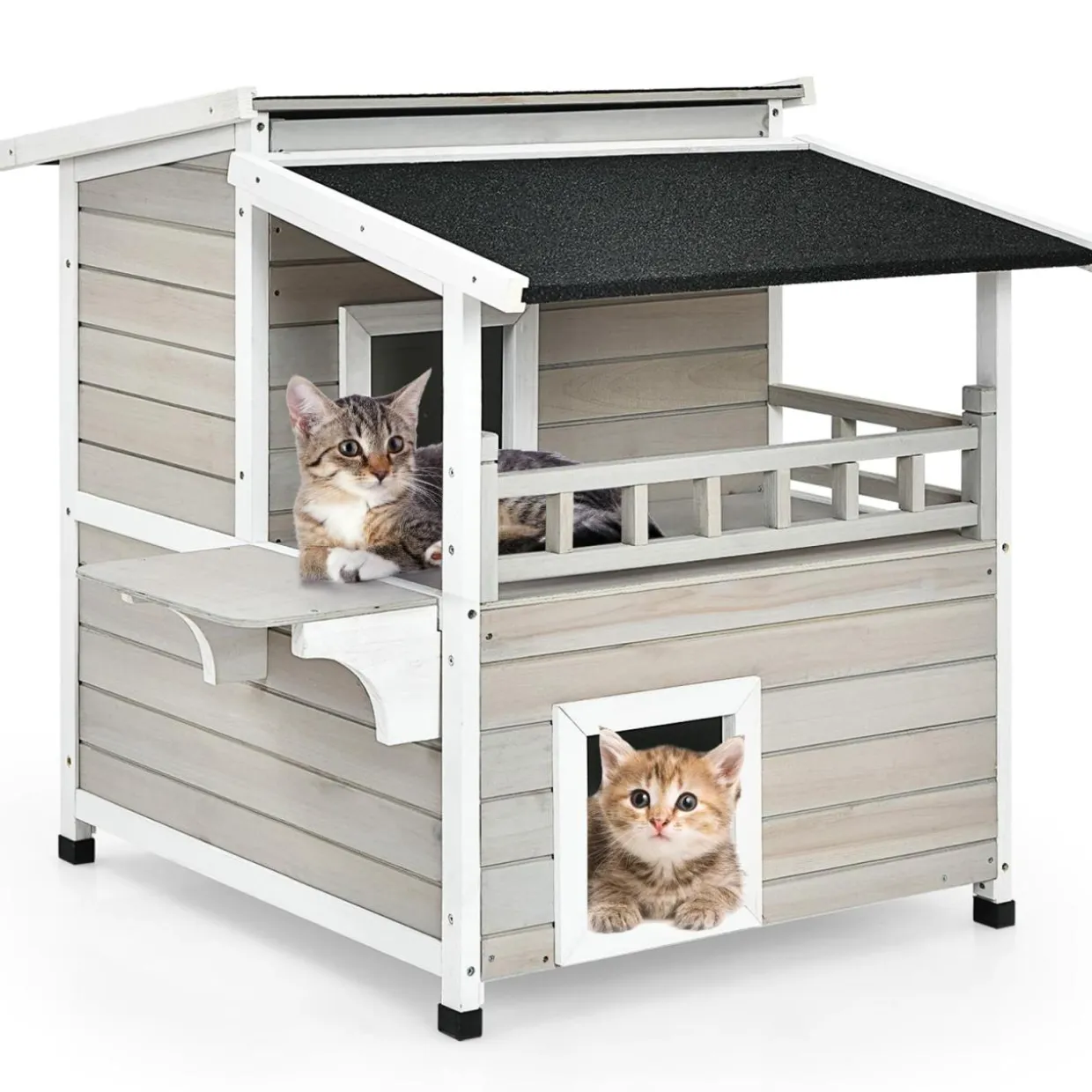 Tangkula 2-Story Outside Cat Shelter Condo Enclosure with Escape Door