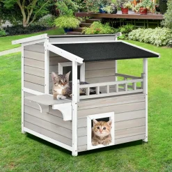 Tangkula 2-Story Outside Cat Shelter Condo Enclosure with Escape Door