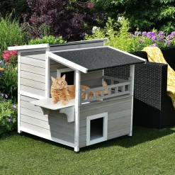 Tangkula 2-Story Outside Cat Shelter Condo Enclosure with Escape Door