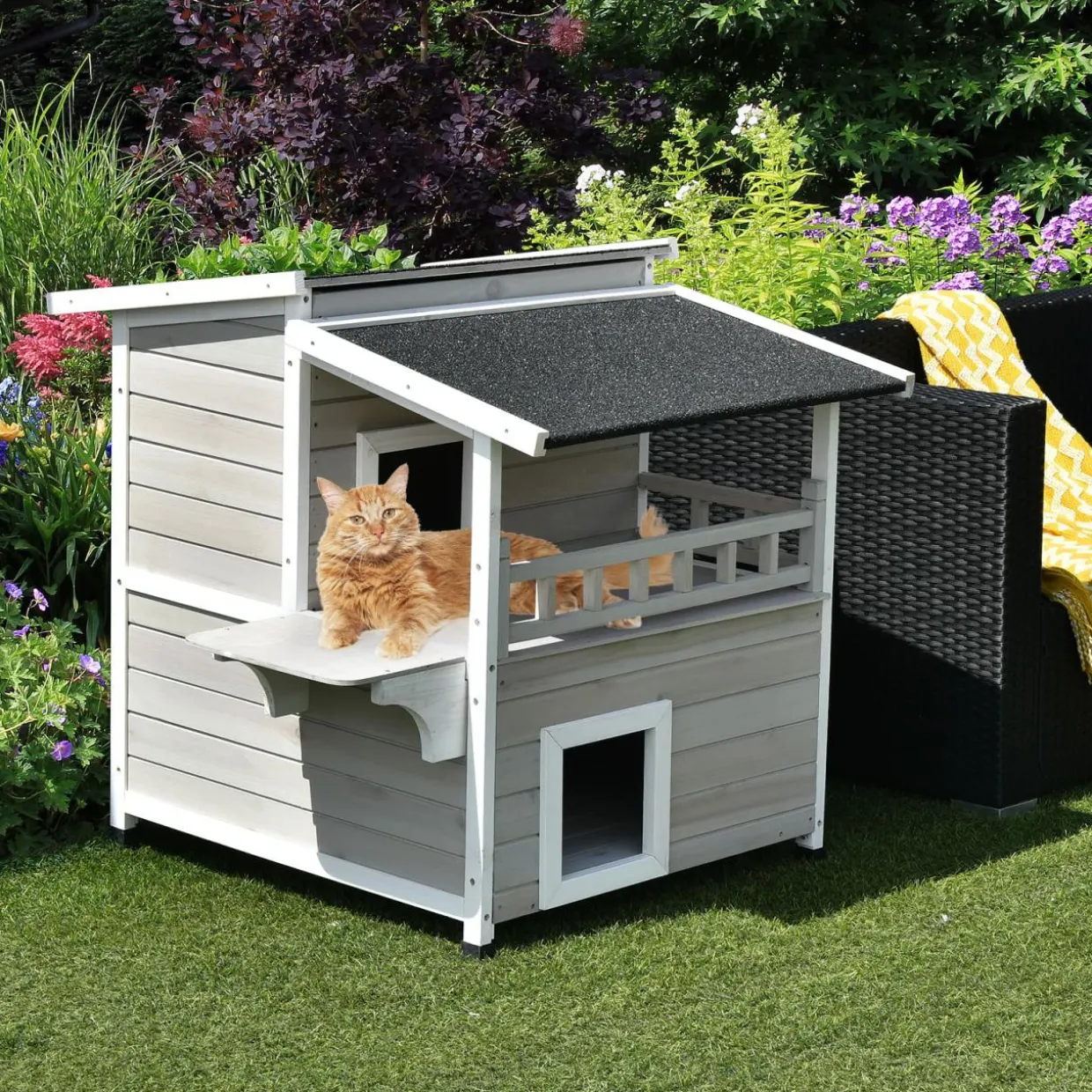 Tangkula 2-Story Outside Cat Shelter Condo Enclosure with Escape Door