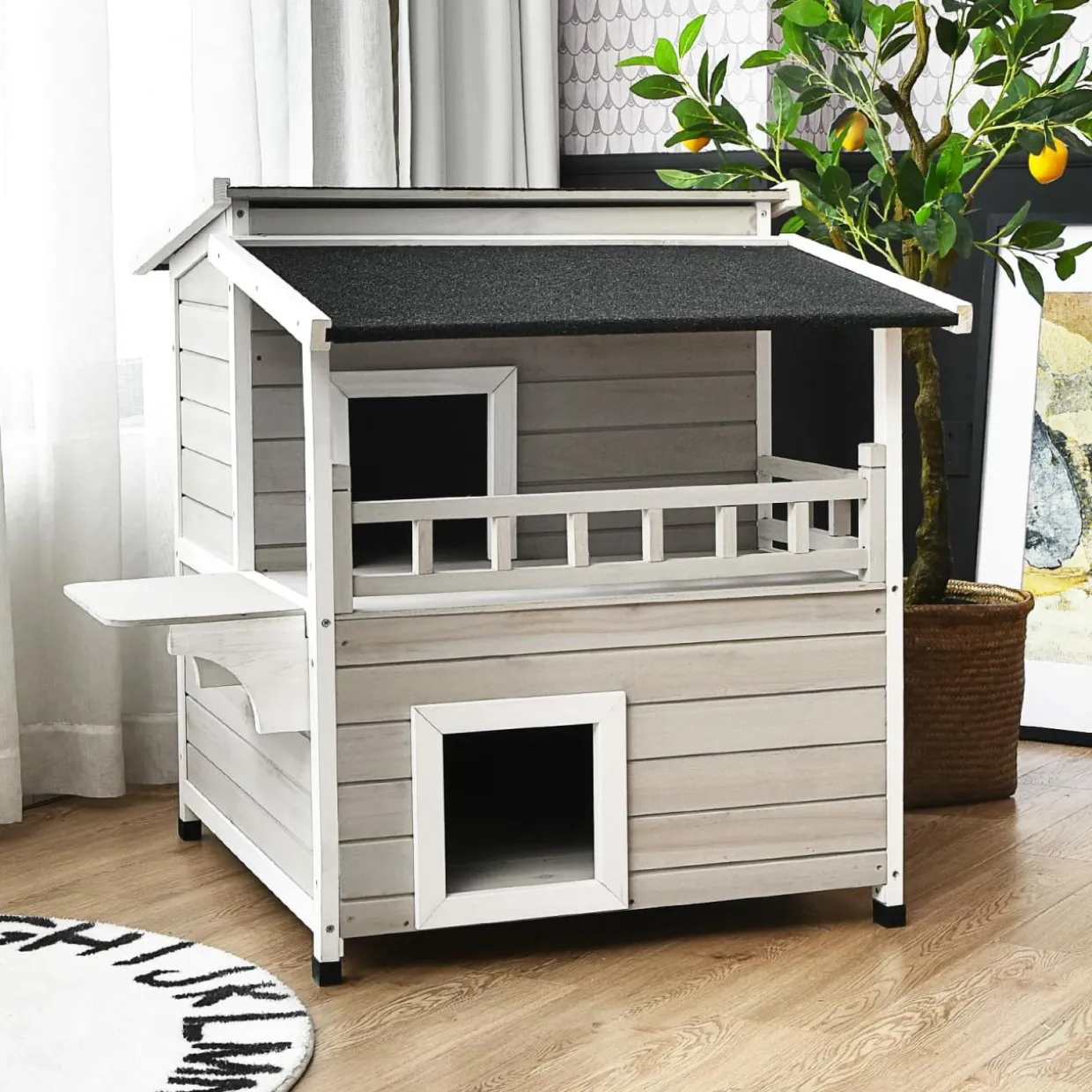 Tangkula 2-Story Outside Cat Shelter Condo Enclosure with Escape Door