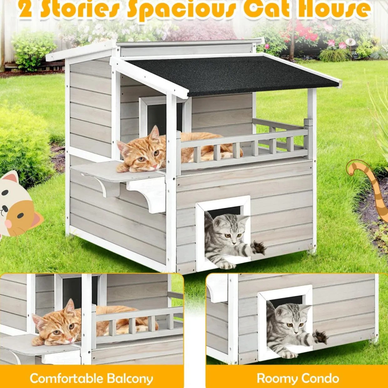 Tangkula 2-Story Outside Cat Shelter Condo Enclosure with Escape Door