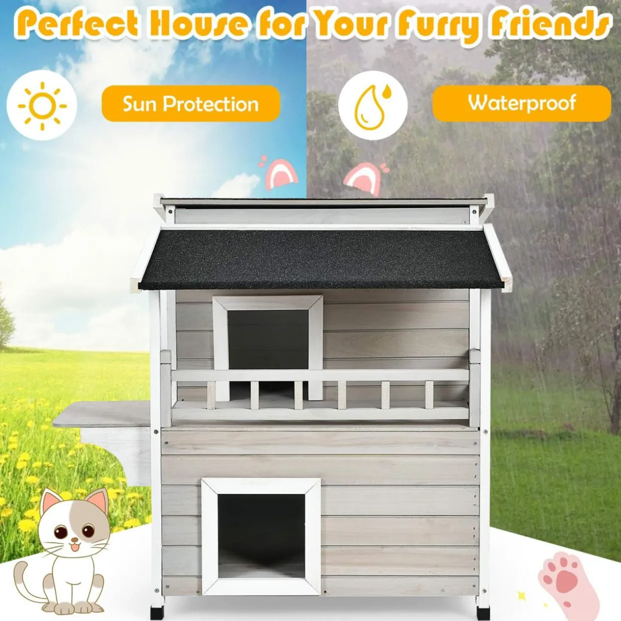 Tangkula 2-Story Outside Cat Shelter Condo Enclosure with Escape Door