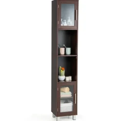 Tangkula Tall Bathroom Cabinet, Home Bedroom Living Room Wood Linen Storage Cabinet Free Standing