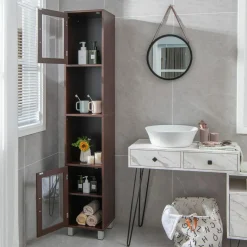 Tangkula Tall Bathroom Cabinet, Home Bedroom Living Room Wood Linen Storage Cabinet Free Standing