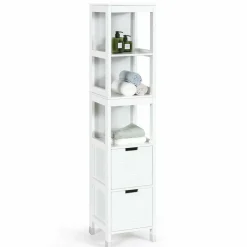 Tangkula Tall Bathroom Storage Cabinet, Multifunctional Bathroom Floor Cabinet with 3 Tier Shelves and 2 Drawers