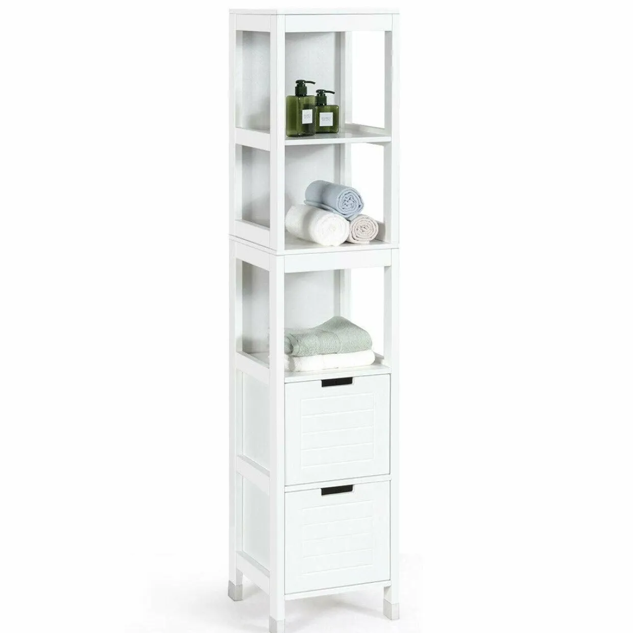 Tangkula Tall Bathroom Storage Cabinet, Multifunctional Bathroom Floor Cabinet with 3 Tier Shelves and 2 Drawers