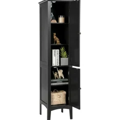 Tangkula Tall Bathroom Storage Cabinet, 5-Tier Wooden Freestanding Tower Cabinet Floor Organizer