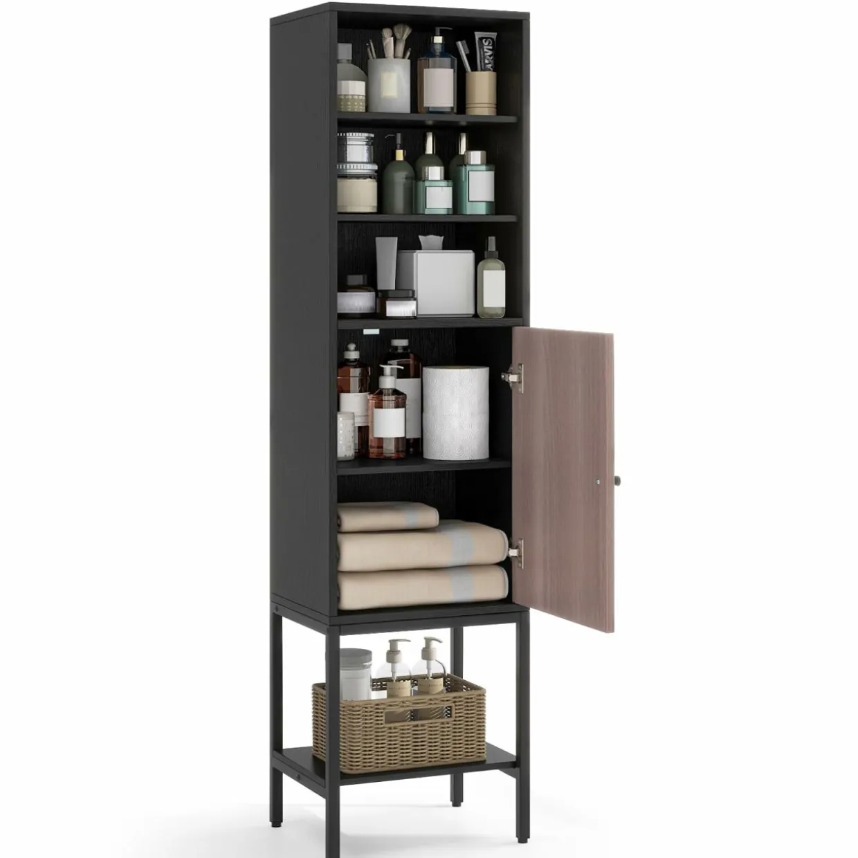 Tangkula Tall Bathroom Storage Cabinet with 1 Door and 4 Shelves, 57" H Narrow Floor Cabinet with Adjustable Shelves
