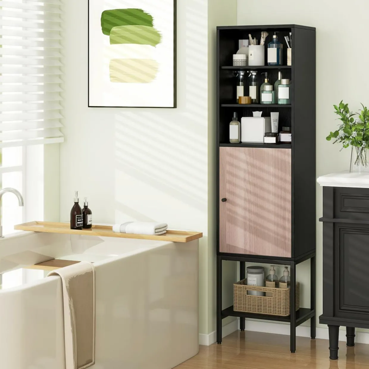 Tangkula Tall Bathroom Storage Cabinet with 1 Door and 4 Shelves, 57" H Narrow Floor Cabinet with Adjustable Shelves