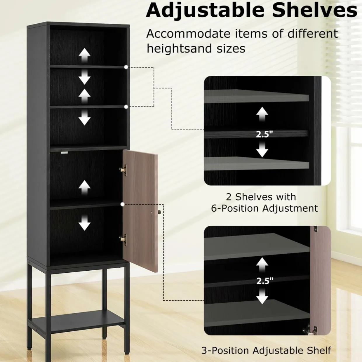 Tangkula Tall Bathroom Storage Cabinet with 1 Door and 4 Shelves, 57" H Narrow Floor Cabinet with Adjustable Shelves