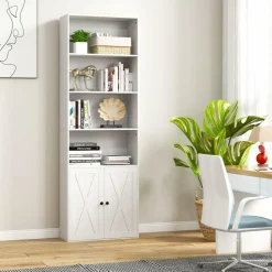Tangkula Tall Bookcase with Doors, Farmhouse 71" H Freestanding Bookshelf with 6 Shelves & 2-Door Cabinet