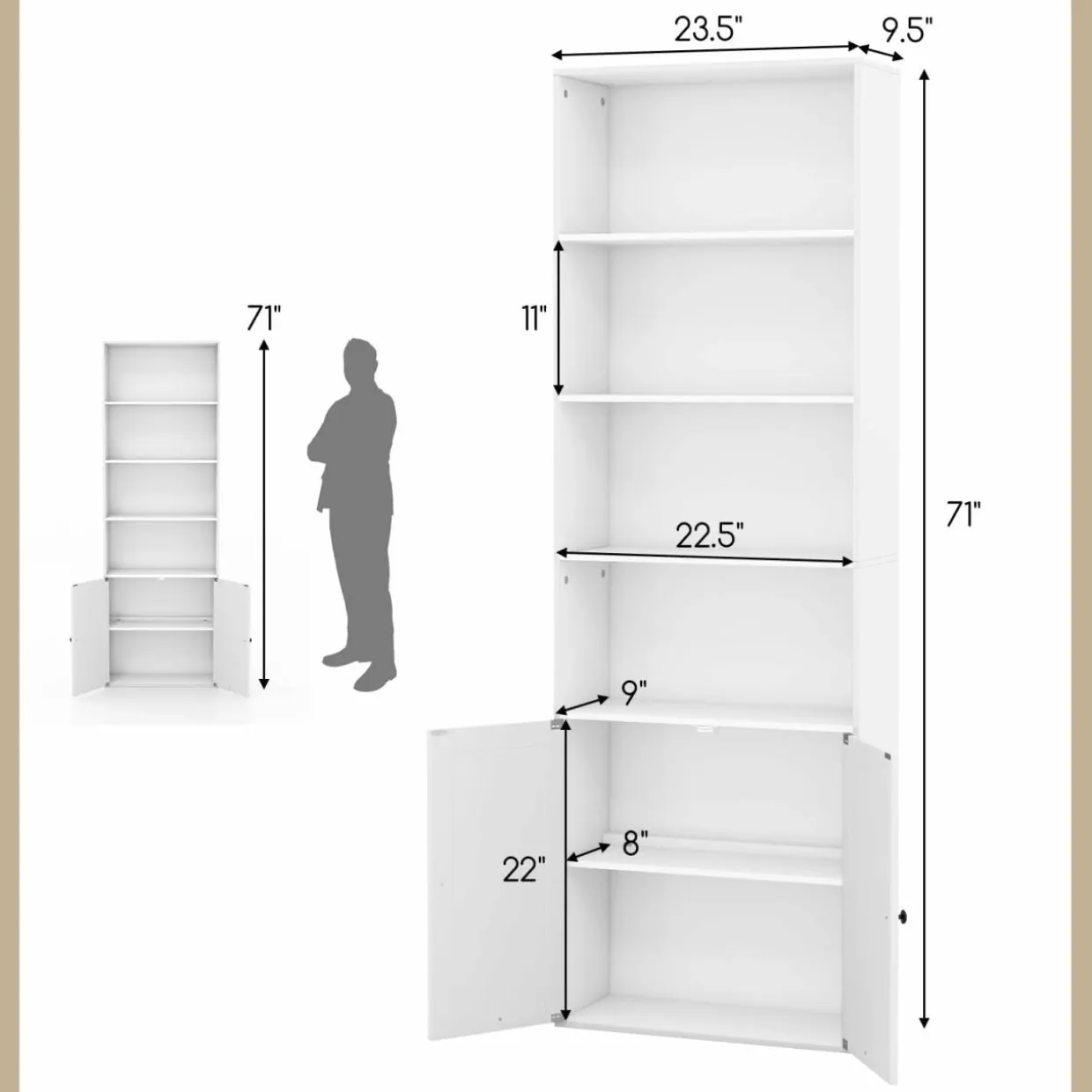 Tangkula Tall Bookcase with Doors, Farmhouse 71" H Freestanding Bookshelf with 6 Shelves & 2-Door Cabinet