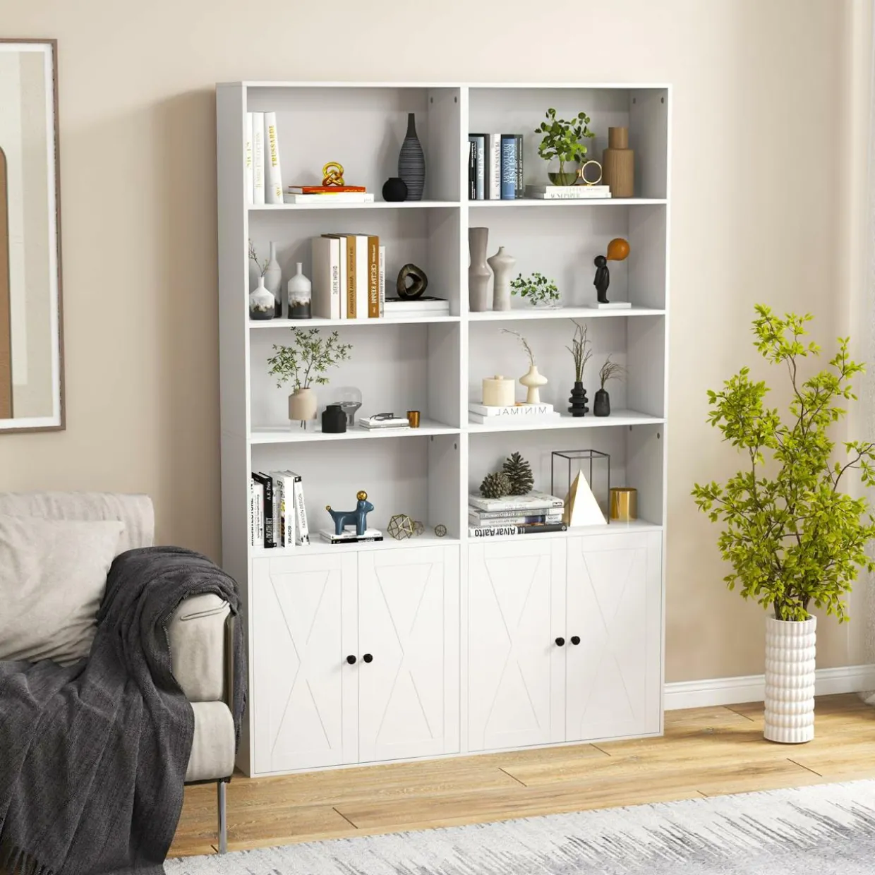 Tangkula Tall Bookcase with Doors, Farmhouse 71" H Freestanding Bookshelf with 6 Shelves & 2-Door Cabinet