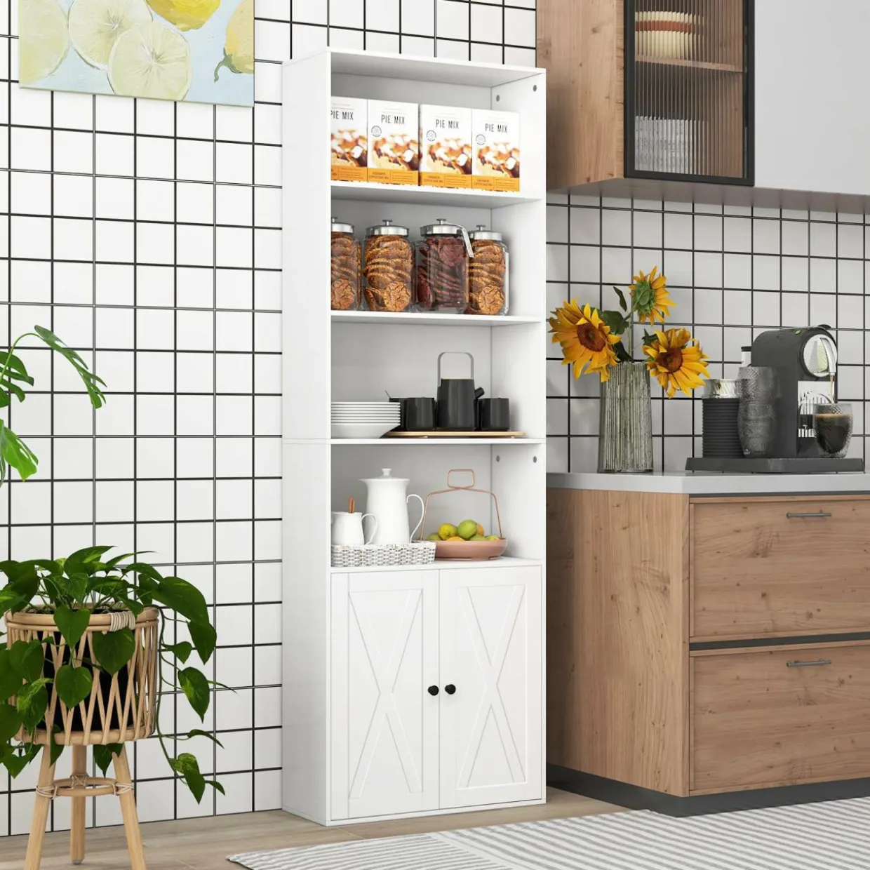 Tangkula Tall Bookcase with Doors, Farmhouse 71" H Freestanding Bookshelf with 6 Shelves & 2-Door Cabinet
