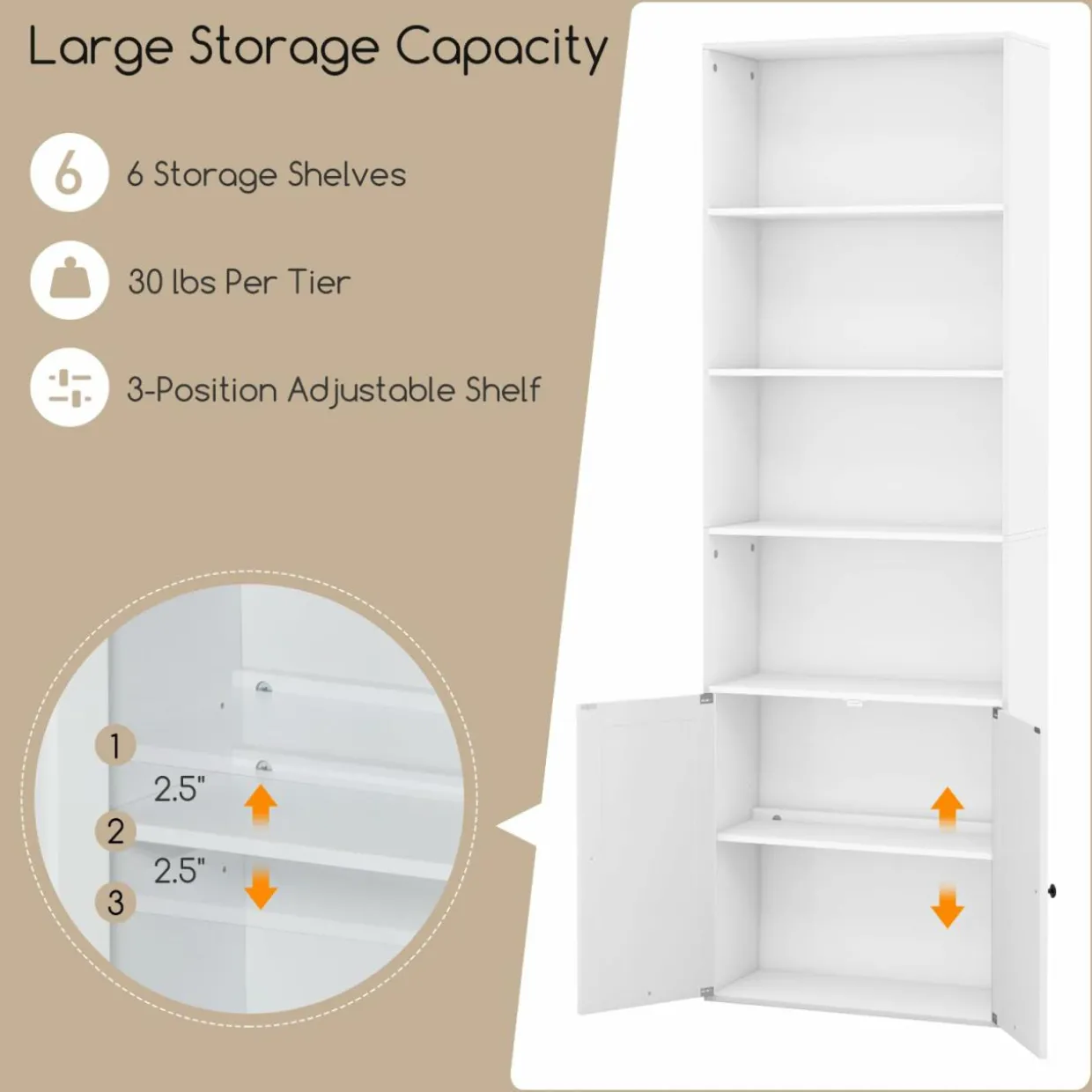 Tangkula Tall Bookcase with Doors, Farmhouse 71" H Freestanding Bookshelf with 6 Shelves & 2-Door Cabinet