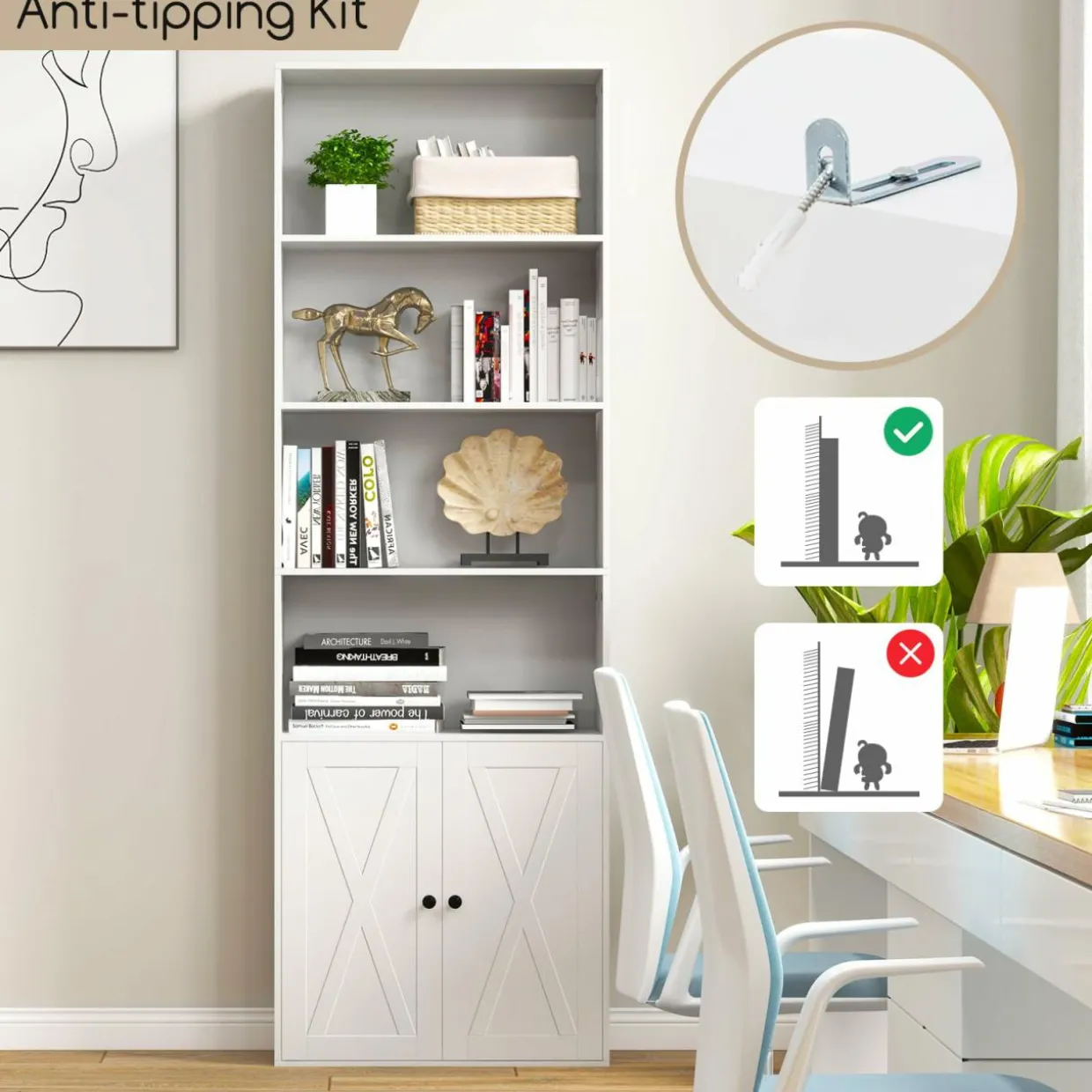 Tangkula Tall Bookcase with Doors, Farmhouse 71" H Freestanding Bookshelf with 6 Shelves & 2-Door Cabinet