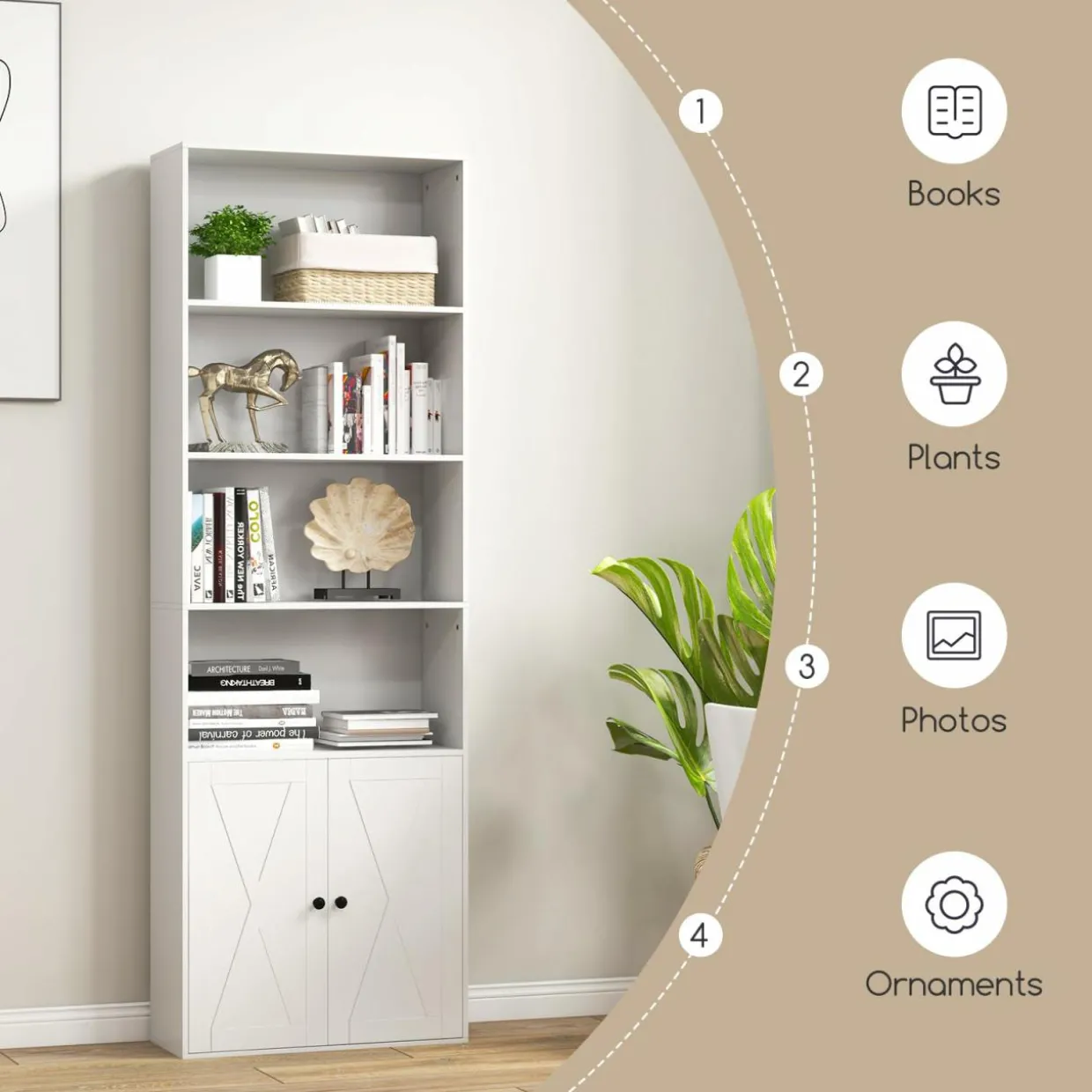 Tangkula Tall Bookcase with Doors, Farmhouse 71" H Freestanding Bookshelf with 6 Shelves & 2-Door Cabinet