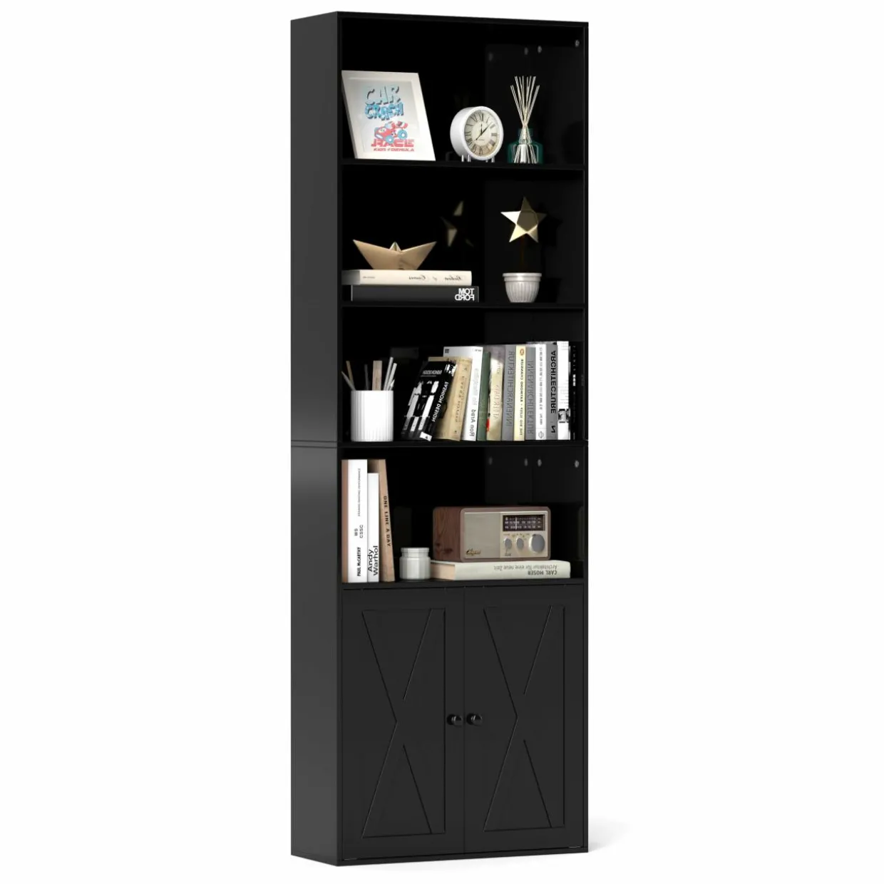 Tangkula Tall Bookcase with Doors, Farmhouse 71" H Freestanding Bookshelf with 6 Shelves & 2-Door Cabinet